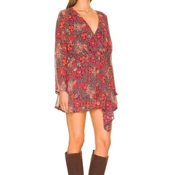 Free People Teegan Mini Dress in Peach Combo Long Sleeve Surplice Neck Sz Medium - Picture 2 of 15